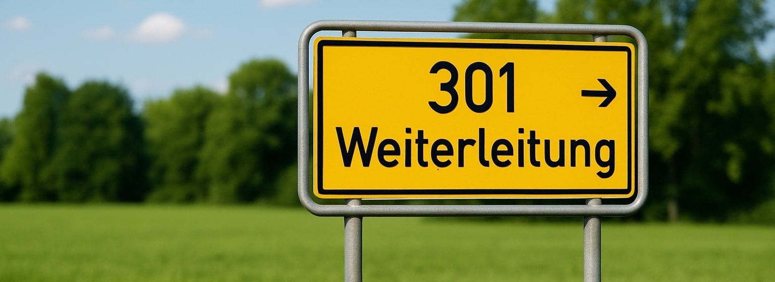 Ortsschild mit 301 Weiterleitung